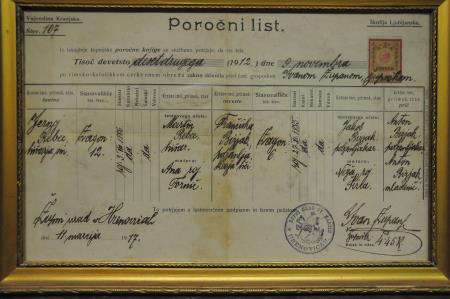 Poročni list Ludvikovih starih staršev po mamini strani